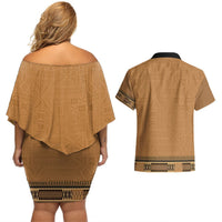 Brown African Dashiki With Fijian Tapa Pattern Couples Matching Off Shoulder Short Dress and Hawaiian Shirt LT14 - Polynesian Pride