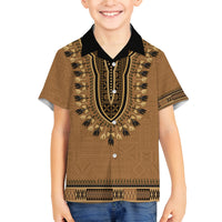 Brown African Dashiki With Fijian Tapa Pattern Family Matching Off Shoulder Short Dress and Hawaiian Shirt