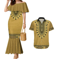 Gold African Dashiki With Fijian Tapa Pattern Couples Matching Mermaid Dress and Hawaiian Shirt LT14 Gold - Polynesian Pride