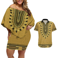 Gold African Dashiki With Fijian Tapa Pattern Couples Matching Off Shoulder Short Dress and Hawaiian Shirt LT14 Gold - Polynesian Pride