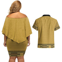 Gold African Dashiki With Fijian Tapa Pattern Couples Matching Off Shoulder Short Dress and Hawaiian Shirt LT14 - Polynesian Pride
