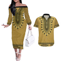Gold African Dashiki With Fijian Tapa Pattern Couples Matching Off The Shoulder Long Sleeve Dress and Hawaiian Shirt