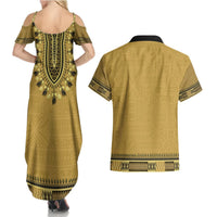Gold African Dashiki With Fijian Tapa Pattern Couples Matching Summer Maxi Dress and Hawaiian Shirt LT14 - Polynesian Pride