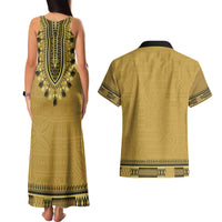 Gold African Dashiki With Fijian Tapa Pattern Couples Matching Tank Maxi Dress and Hawaiian Shirt