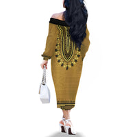 Gold African Dashiki With Fijian Tapa Pattern Family Matching Off The Shoulder Long Sleeve Dress and Hawaiian Shirt