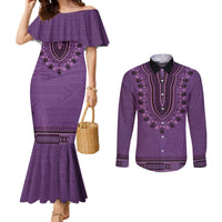 Purple African Dashiki With Fijian Tapa Pattern Couples Matching Mermaid Dress and Long Sleeve Button Shirt LT14 Purple - Polynesian Pride