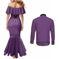 Purple African Dashiki With Fijian Tapa Pattern Couples Matching Mermaid Dress and Long Sleeve Button Shirt LT14 - Polynesian Pride