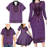 Purple African Dashiki With Fijian Tapa Pattern Family Matching Long Sleeve Bodycon Dress and Hawaiian Shirt LT14 - Polynesian Pride