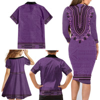 Purple African Dashiki With Fijian Tapa Pattern Family Matching Long Sleeve Bodycon Dress and Hawaiian Shirt LT14 - Polynesian Pride