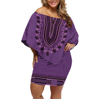 Purple African Dashiki With Fijian Tapa Pattern Family Matching Off Shoulder Short Dress and Hawaiian Shirt LT14 Mom's Dress Purple - Polynesian Pride