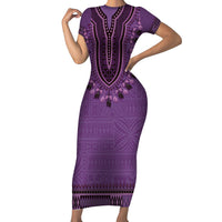 Purple African Dashiki With Fijian Tapa Pattern Family Matching Short Sleeve Bodycon Dress and Hawaiian Shirt LT14 Mom's Dress Purple - Polynesian Pride