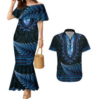 Blue African Dashiki With Aotearoa Maori Couples Matching Mermaid Dress and Hawaiian Shirt Paua Shell Mix Silver Fern LT14 Blue - Polynesian Pride