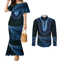 Blue African Dashiki With Aotearoa Maori Couples Matching Mermaid Dress and Long Sleeve Button Shirt Paua Shell Mix Silver Fern LT14 Blue - Polynesian Pride