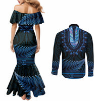 Blue African Dashiki With Aotearoa Maori Couples Matching Mermaid Dress and Long Sleeve Button Shirt Paua Shell Mix Silver Fern LT14 - Polynesian Pride