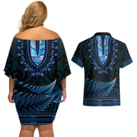 Blue African Dashiki With Aotearoa Maori Couples Matching Off Shoulder Short Dress and Hawaiian Shirt Paua Shell Mix Silver Fern LT14 - Polynesian Pride