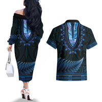 Blue African Dashiki With Aotearoa Maori Couples Matching Off The Shoulder Long Sleeve Dress and Hawaiian Shirt Paua Shell Mix Silver Fern