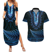 Blue African Dashiki With Aotearoa Maori Couples Matching Summer Maxi Dress and Hawaiian Shirt Paua Shell Mix Silver Fern LT14 Blue - Polynesian Pride