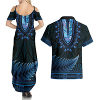 Blue African Dashiki With Aotearoa Maori Couples Matching Summer Maxi Dress and Hawaiian Shirt Paua Shell Mix Silver Fern LT14 - Polynesian Pride