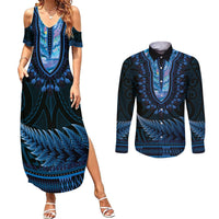 Blue African Dashiki With Aotearoa Maori Couples Matching Summer Maxi Dress and Long Sleeve Button Shirt Paua Shell Mix Silver Fern LT14 Blue - Polynesian Pride