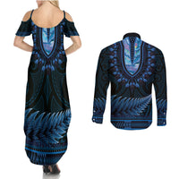 Blue African Dashiki With Aotearoa Maori Couples Matching Summer Maxi Dress and Long Sleeve Button Shirt Paua Shell Mix Silver Fern LT14 - Polynesian Pride