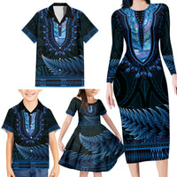 Blue African Dashiki With Aotearoa Maori Family Matching Long Sleeve Bodycon Dress and Hawaiian Shirt Paua Shell Mix Silver Fern LT14 - Polynesian Pride