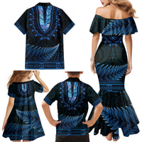 Blue African Dashiki With Aotearoa Maori Family Matching Mermaid Dress and Hawaiian Shirt Paua Shell Mix Silver Fern LT14 - Polynesian Pride