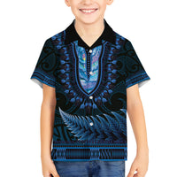 Blue African Dashiki With Aotearoa Maori Family Matching Off Shoulder Short Dress and Hawaiian Shirt Paua Shell Mix Silver Fern LT14 Son's Shirt Blue - Polynesian Pride
