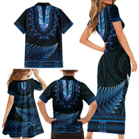 Blue African Dashiki With Aotearoa Maori Family Matching Short Sleeve Bodycon Dress and Hawaiian Shirt Paua Shell Mix Silver Fern LT14 - Polynesian Pride