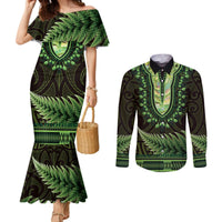 Lime Green African Dashiki With Aotearoa Maori Couples Matching Mermaid Dress and Long Sleeve Button Shirt Paua Shell Mix Silver Fern LT14 Lime Green - Polynesian Pride