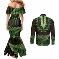 Lime Green African Dashiki With Aotearoa Maori Couples Matching Mermaid Dress and Long Sleeve Button Shirt Paua Shell Mix Silver Fern LT14 - Polynesian Pride