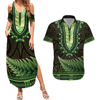 Lime Green African Dashiki With Aotearoa Maori Couples Matching Summer Maxi Dress and Hawaiian Shirt Paua Shell Mix Silver Fern LT14 Lime Green - Polynesian Pride