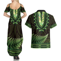 Lime Green African Dashiki With Aotearoa Maori Couples Matching Summer Maxi Dress and Hawaiian Shirt Paua Shell Mix Silver Fern LT14 - Polynesian Pride