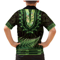 Lime Green African Dashiki With Aotearoa Maori Family Matching Mermaid Dress and Hawaiian Shirt Paua Shell Mix Silver Fern