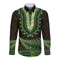 Lime Green African Dashiki With Aotearoa Maori Long Sleeve Button Shirt Paua Shell Mix Silver Fern
