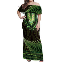 Lime Green African Dashiki With Aotearoa Maori Off Shoulder Maxi Dress Paua Shell Mix Silver Fern