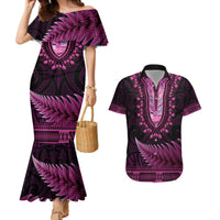 Pink African Dashiki With Aotearoa Maori Couples Matching Mermaid Dress and Hawaiian Shirt Paua Shell Mix Silver Fern LT14 Pink - Polynesian Pride