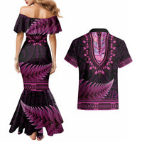 Pink African Dashiki With Aotearoa Maori Couples Matching Mermaid Dress and Hawaiian Shirt Paua Shell Mix Silver Fern LT14 - Polynesian Pride