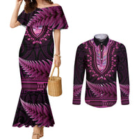Pink African Dashiki With Aotearoa Maori Couples Matching Mermaid Dress and Long Sleeve Button Shirt Paua Shell Mix Silver Fern LT14 Pink - Polynesian Pride