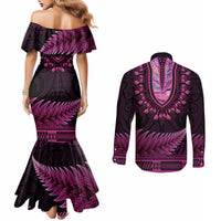 Pink African Dashiki With Aotearoa Maori Couples Matching Mermaid Dress and Long Sleeve Button Shirt Paua Shell Mix Silver Fern LT14 - Polynesian Pride