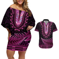 Pink African Dashiki With Aotearoa Maori Couples Matching Off Shoulder Short Dress and Hawaiian Shirt Paua Shell Mix Silver Fern LT14 Pink - Polynesian Pride