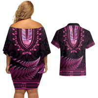 Pink African Dashiki With Aotearoa Maori Couples Matching Off Shoulder Short Dress and Hawaiian Shirt Paua Shell Mix Silver Fern LT14 - Polynesian Pride
