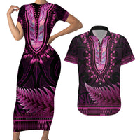 Pink African Dashiki With Aotearoa Maori Couples Matching Short Sleeve Bodycon Dress and Hawaiian Shirt Paua Shell Mix Silver Fern LT14 Pink - Polynesian Pride