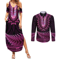 Pink African Dashiki With Aotearoa Maori Couples Matching Summer Maxi Dress and Long Sleeve Button Shirt Paua Shell Mix Silver Fern LT14 Pink - Polynesian Pride