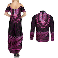 Pink African Dashiki With Aotearoa Maori Couples Matching Summer Maxi Dress and Long Sleeve Button Shirt Paua Shell Mix Silver Fern LT14 - Polynesian Pride