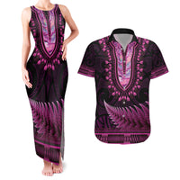 Pink African Dashiki With Aotearoa Maori Couples Matching Tank Maxi Dress and Hawaiian Shirt Paua Shell Mix Silver Fern