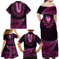 Pink African Dashiki With Aotearoa Maori Family Matching Off Shoulder Maxi Dress and Hawaiian Shirt Paua Shell Mix Silver Fern LT14 - Polynesian Pride