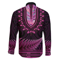 Pink African Dashiki With Aotearoa Maori Family Matching Off Shoulder Maxi Dress and Hawaiian Shirt Paua Shell Mix Silver Fern LT14 - Polynesian Pride