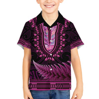 Pink African Dashiki With Aotearoa Maori Family Matching Off Shoulder Maxi Dress and Hawaiian Shirt Paua Shell Mix Silver Fern LT14 Son's Shirt Pink - Polynesian Pride