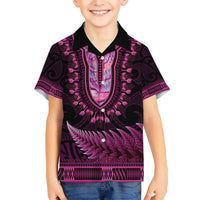 Pink African Dashiki With Aotearoa Maori Kid Hawaiian Shirt Paua Shell Mix Silver Fern