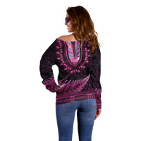 Pink African Dashiki With Aotearoa Maori Off Shoulder Sweater Paua Shell Mix Silver Fern